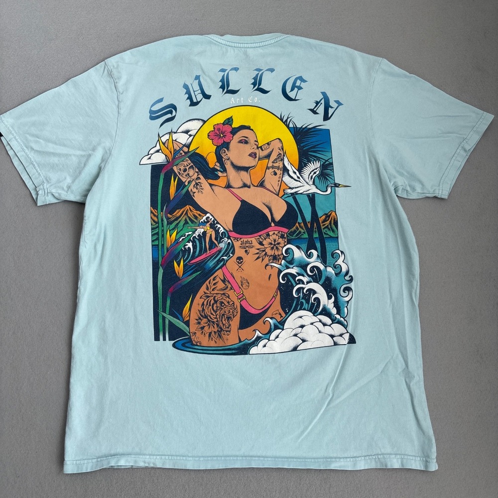 Sullen Art Collective Premium XL Aqua Blue Tattoo Hula Girl Graphic T-Shirt